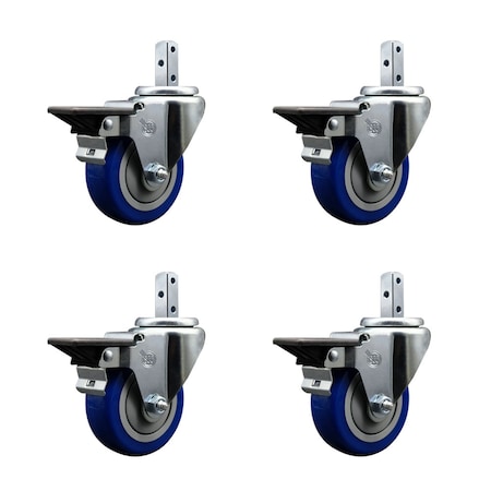 Service Caster 3.5'' Blue Poly Wheel Swivel 7/8'' Square Stem Caster Set with Brake, 4PK SCC-SQ20S3514-PPUB-BLUE-PLB-78-4